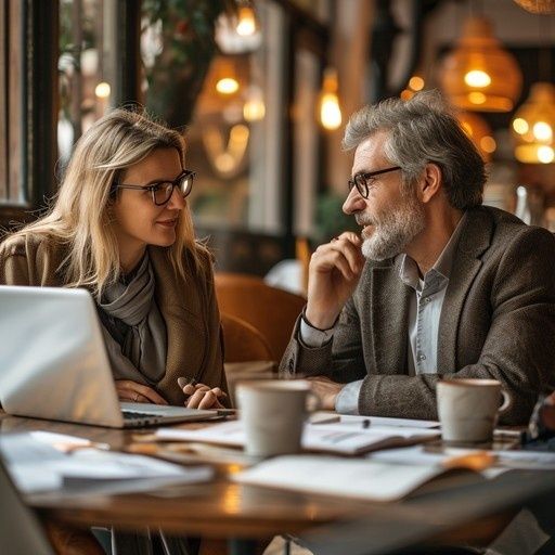 Zwei Menschen führen bei Kaffee und Laptop ein angeregtes Gespräch
