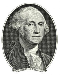 Portrait of first USA president George Washington as he looks on one dollar bill obverse. Clipping path included.